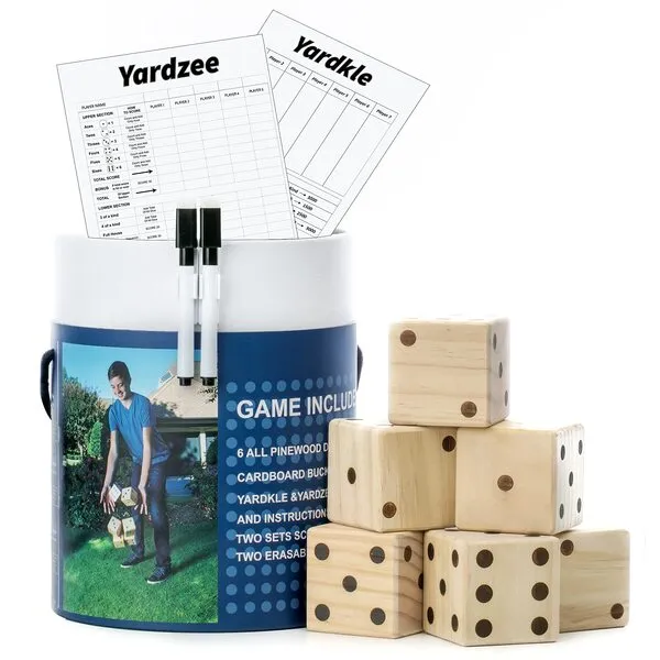 Large Wooden Yard Dice Set of 6 with Two Games and Cardboard Bucket