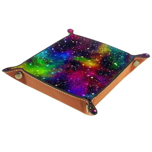 Night Starry Sky Rainbow Colors Folding Dice Tray, PU Leather Dice Holder Rolling Trays for RPG Dice Gaming D&D and Other Table Games