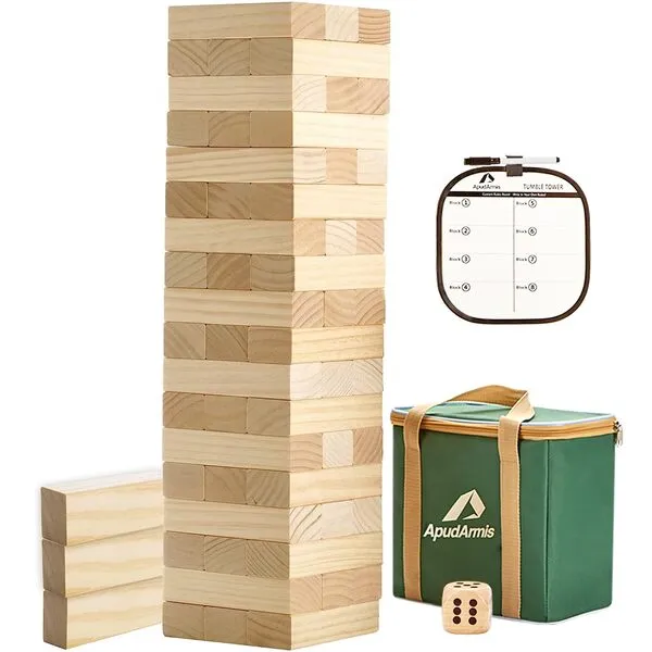 ApudArmis 54 PCS Tumble Timber Set [Stack to 3FT], Pine Wooden Tumble Tower Game with Dice and Scoreboard Set - Classic Block Stacking Board Game for Teens Children Teenagers
