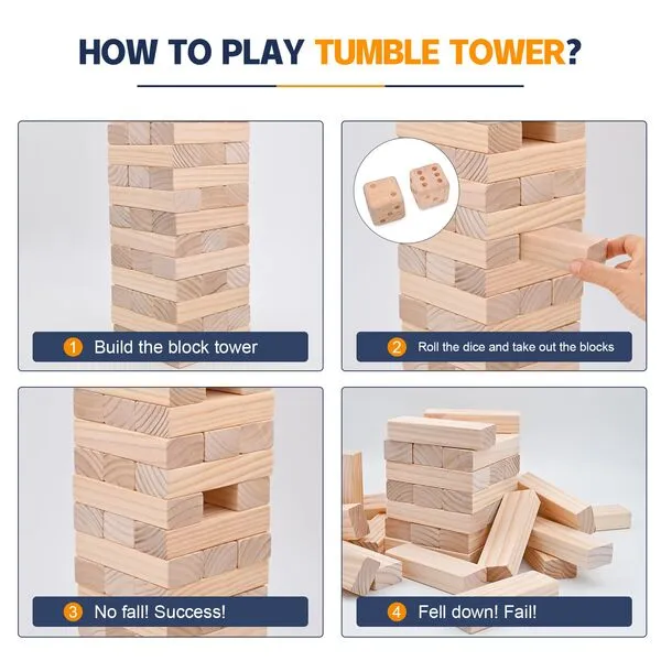 Megwoz Giant Tumble Tower Outdoor Games 57 Blocks Yard Games Stacking Games Includes 2 Dices Carrying Bag Scoreboard Stacking from 2Ft to Over 4.2Ft Outdoor Games for Adult and Family