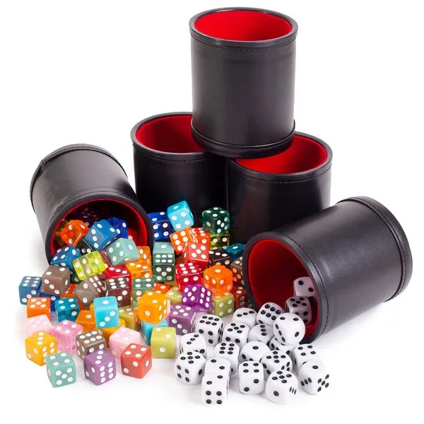 Brybelly Dice Set with Dice Shaker Cup - Perfect for Casino Dice Game - Dice Games for Family Leather Dice Cup - Poker Dice Shaker - 5 Red Lined Dice Cups and 100 Dice Sets