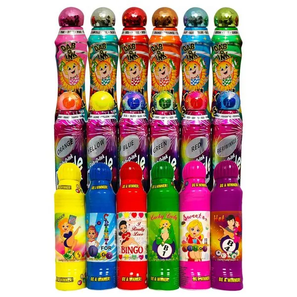 Lucky Lady Bingo Daubers with Dab-O-Ink Dazzle Glitter and Sunsational Combo Gift Set – 3 oz. 18 Pack, Versatile Bingo Ink Daubers - Bingo Markers and Bingo Stampers for Adults and Kids