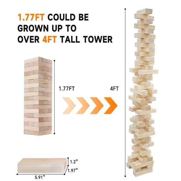 SHAREWIN Giant Tumbling Tower (Stack from 1.77Ft to 4+ Ft), Wood Stacking Giant Blocks Game| Made from Premium Pine Wood| Ideal for Adult/Kids/Family, 54PCS