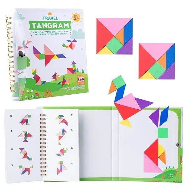 Vanmor Travel Tangram Puzzle with 2 Sets Magnetic Plate-Montessori Shape Pattern Blocks Jigsaw Road Trip Games with 368 Solution - IQ Book Educational Toy Brain Teaser Gift for Kids Adults Challenge