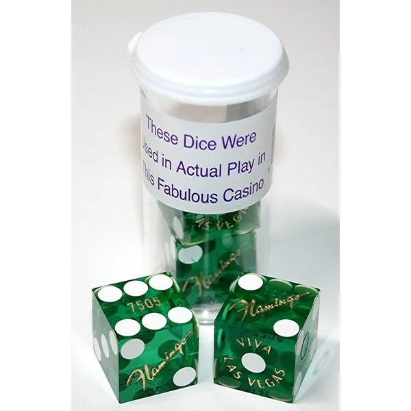 19mm Craps Dice Pair Matching Serial Numbers - Authentic Las Vegas Casino Table-Played Dice (Flamingo (Green Polished))