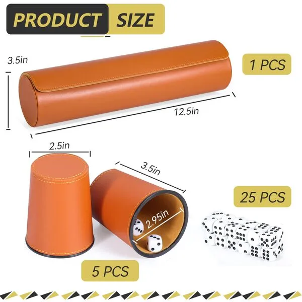 Party Games Leather Dice Cup Set, 5 Leather Dice Cups + 25 Dice + Exclusive Storage and Transport Case Made of Faux Leather with Magnetic Closure