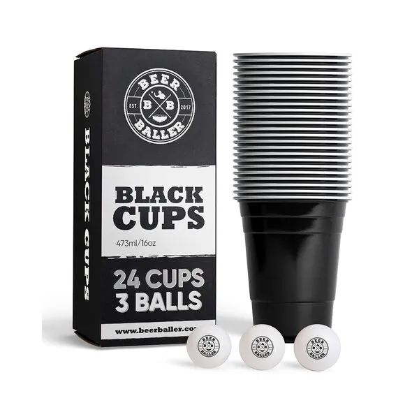BeerBaller Black Cups Set including 24 Black Party Cups and 3 Balls Dishwasher Safe and Reusable 16 ounce Original Red Cups Size