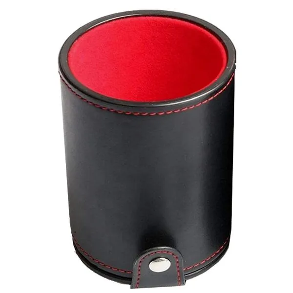 Set of Dice Cup with Storage Compartment Black PU Leather Red Felt Lined + (5) 16mm Poker Dice (Gift Boxed) (Spanish Poker (Squared Corners) - Ivory)