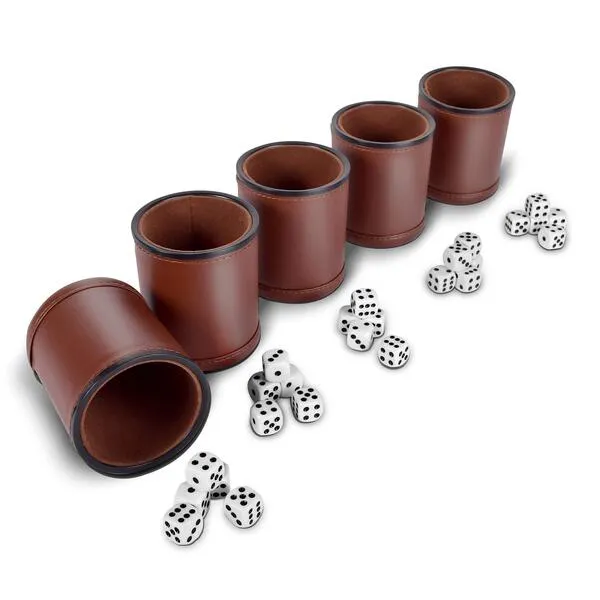 RNK Gaming 5 Pack of Professional Dice Cups PU Leather and Brown Velvet Lined, includes 25 White Six-Sided Dice