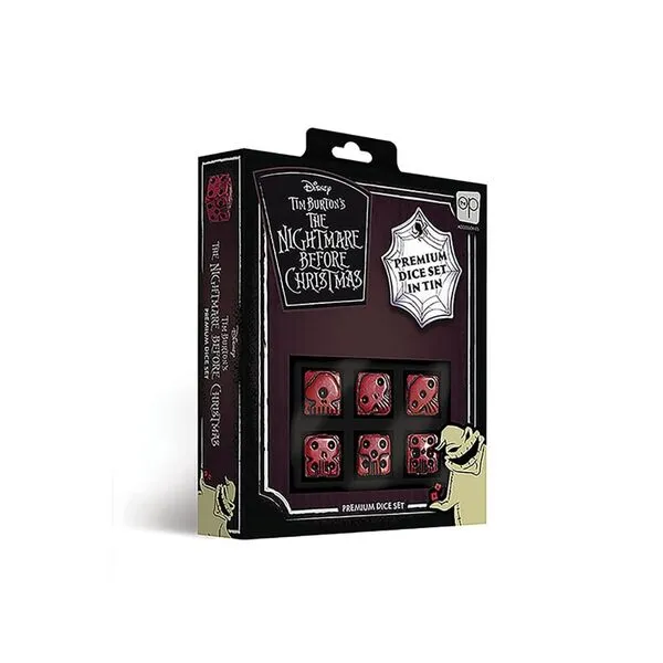 USAOPOLY Nightmare Before Christmas Premium Dice Set | Collectible d6 Dice | Red & Black Custom Dice with Collectible Tin Case | Officially Licensed Disney 6-Sided Dice (AC004-291-002000-12)