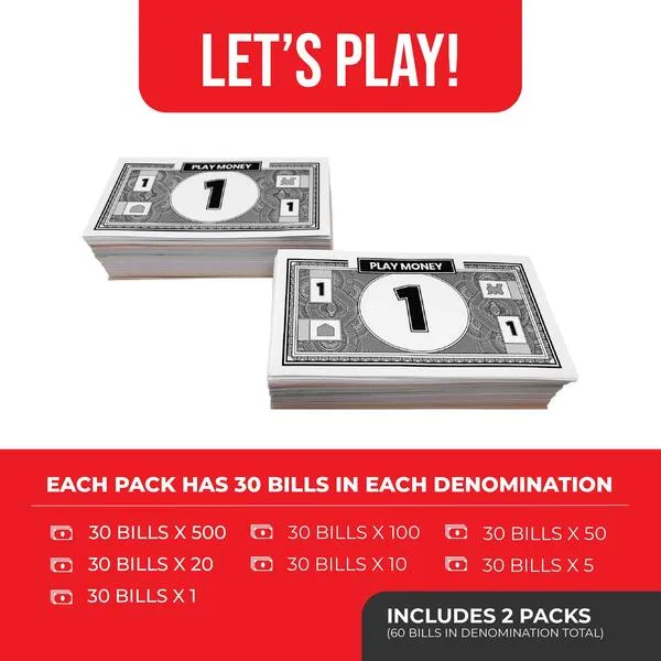 Monopoly Money Replacement Play Money 2 Sets of 30 Each Bill Denomination, 60 Total in Mixed Colors: $1, $5, $10, $20, $50, $100, and $500