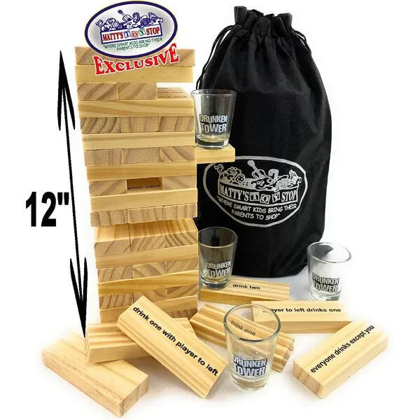 Mɑtty's Toy Stop Deluxe 60pc XL Wood Drunken Tower The Grab A Piece Drinking Game with Shot Glasses & Storage Bag