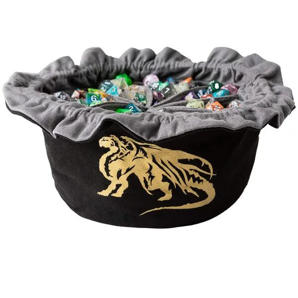 PUGED Large DND Dice Dragon Drawstring Bags with Pockets Black Storage Bag for RPG MTG Game Dices Capacity Over 300 Dice