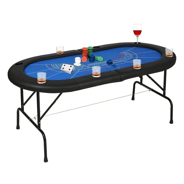LUCKYERMORE Folding Poker Table71” Easy to Store & Carry, w/Padded Rails & 8 Cup Holders, Baccarat Poker Table 8 Player for Texas Casino Leisure Game, No Assembly Required, Blue