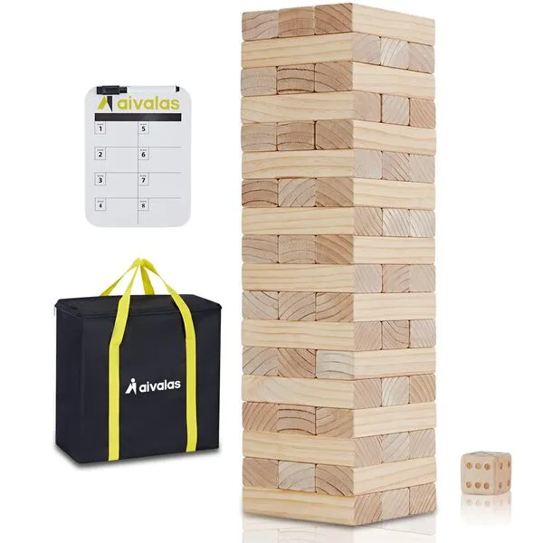 Aivalas Giant Timber Blocks Games, 56 Blocks Large Tower Outdoor Games - Includes Carry Bag and Scoreboard, Wood Stacking Yard Games Grows from 2FT to Over 4.2FT for Kids Adults Family