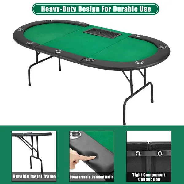 ECOTOUGE Poker Table w/Stainless Steel Cup Holder for 9 Player w/Leg, Casino Leisure Table Top Texas Hold 'Em Poker Play Table, Green Felt