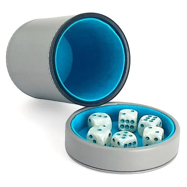 Luck Lab Grey Leather Dice Cup with Lid Including 6 Matching Pearl Dice - Teal Velvet Interior for Quiet Shaking - Use for Liars Dice Farkle Yahtzee Board Games, Grey