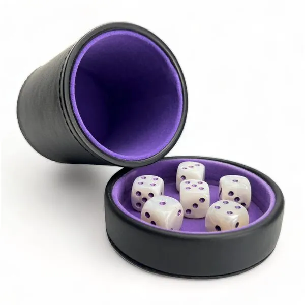 Luck Lab Leather Dice Cup with Lid Including 6 Matching White Pearl and Purple Dice - Purple Velvet Interior for Quiet Shaking - Use for Liars Dice Farkle Yahtzee Board Games, Black