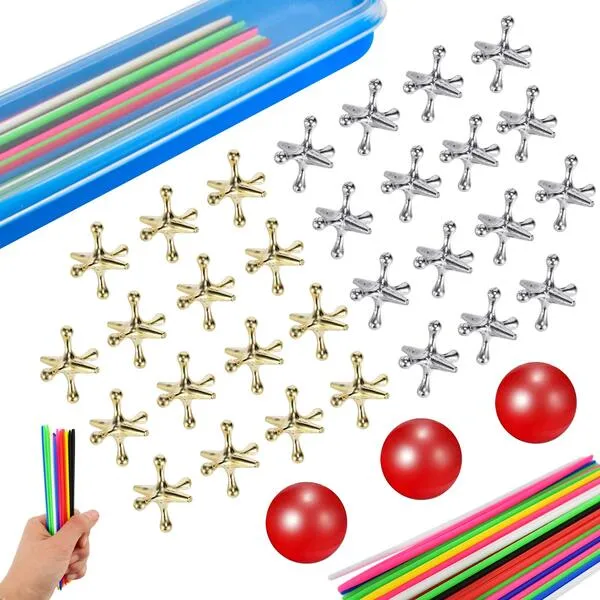 ZeeDix 90pcs Pick Up Sticks with 3 Sets Retro Metal Jacks Kit- Include 3 Pcs Red Rubber Balls and 30 Pcs Gold and Silver Metal Jacks, Classic Fun Game Gift of Jacks for Kids Adults Family