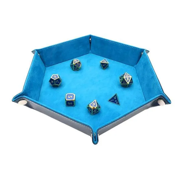 Kimairy DND Metal Dice Tray, Dice Folding Hexagon Tray Leather Dice Holder Velvet Rolling Storage Tray for Dice Games RPG DND Other Table Games and Candy Holder Storage Box (Cyan)