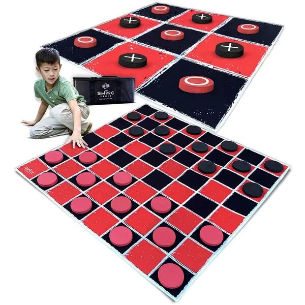 SWOOC Games - 2-in-1 Vintage Giant Checkers & Tic Tac Toe Game With Mat (4ft x 4ft) - 100% Machine-Washable Canvas - Giant Outdoor Games For Kids - Giant Lawn Games - Yard Games For Kids - Giant Games