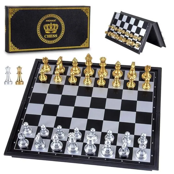 AMEROUS 10\'\' Magetic Travel Chess Set, Plastic Portable Folding Chess Board Game with Gold and Silver Chess Pieces - 2 Extra Queens - Chess for Beginner, Kids, Adults
