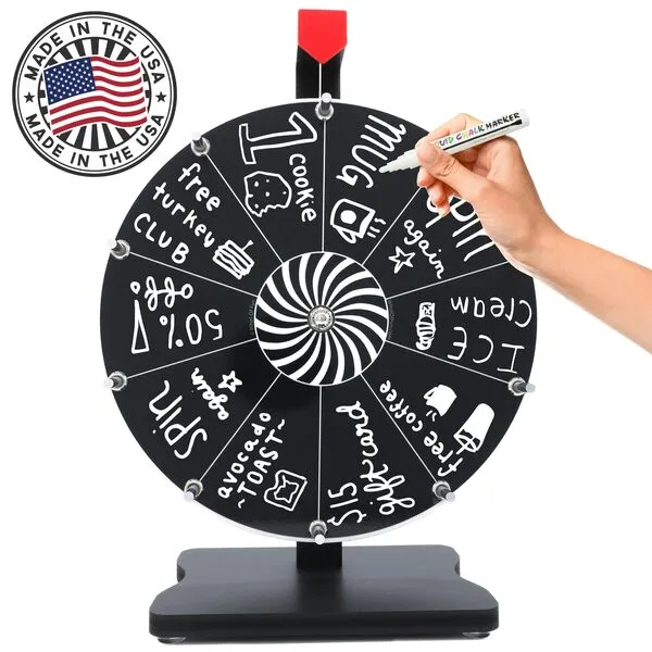 Whirl of Fun 12 Inch Black Prize Wheel-Spinning Wheel for Prizes with Stand, 10 Slots, Customize Erasable Whiteboard Surface, Portable, Tools Included, Made in USA