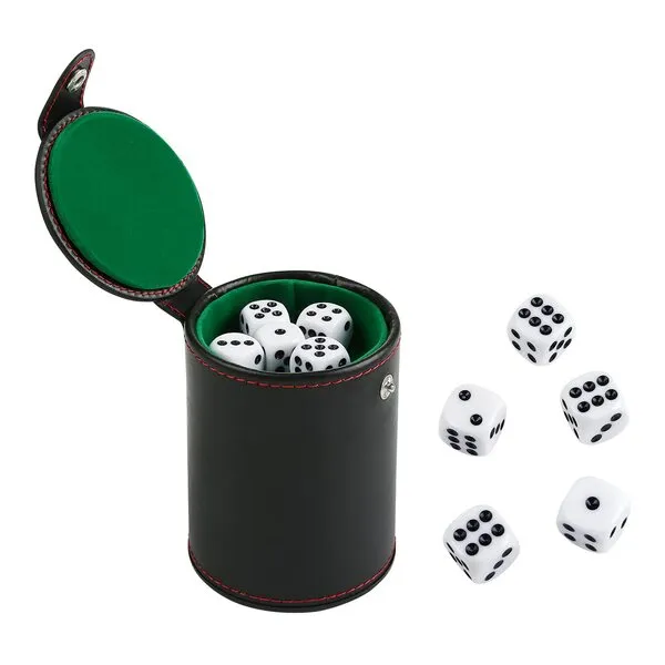 GWHOLE Leather Dice Cup Set with Storage Compartment Felt Lining Shaker with 5 Dot Dices for Farkle Yahtzee Games Playing Birthday Gift, Green