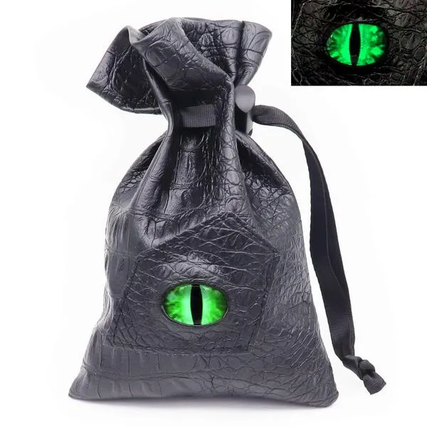 Haxtec Dragon Eye Dice Bag Glow in the Dark Green Eye Drawstring Leather DND Dice Pouch Storage Bag for D&D Dice Coins and Accessories Patent Number D893867 (Glowing Green Eye)