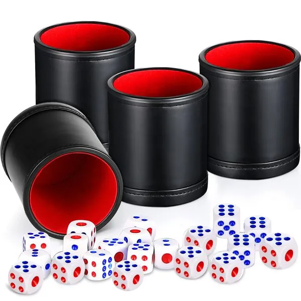 4 Pieces PU Leather Dice Cups, PU Leatherette Dice Cup Set, Red Felt Lining Quiet Shaker with 20 Dices for Craps Farkle Game Kill Time Pressure