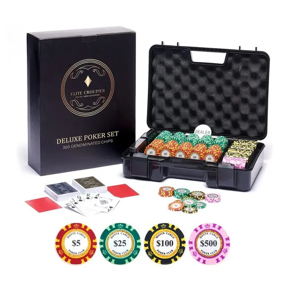 Deluxe 300 Poker Chips Set - Poker Set 300 Chips, Shock Resistant Case, 2 Tones Monte Carlo Poker Chips (14g Clay Poker Chips with Denominations, Casino Chips) 100% PVC Cards, Cut Cards, Blackjack Set