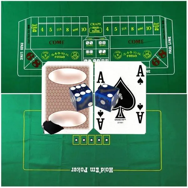 Cyber-Deals Craps & Texas Hold'em Poker Layout 2-Sided Reversible Premium Felt 6ft x 3ft with Authentic Las VegasNevada Casino Table-Played Dice & Cards, Plus Storage Pouch (Las Vegas Only)