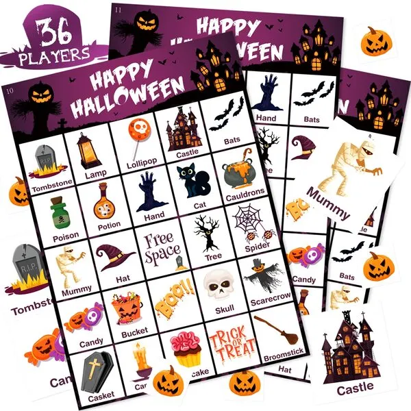 V-Opitos Halloween Bingo Game Card for Kids/Adults, 36 Players - Halloween Game for Family/School Classroom/Large Group, Halloween Party Favor for Toddler Boy/Girl