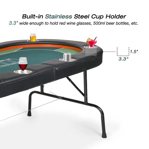 LUCKYERMORE Poker Table Foldable 8 Playes, w/Upgraded Padded Rails & Stainless Steel Cup Holders, Texas Holdem Poker Table for Texas Casino Leisure Game Blackjack Board Game, No Assembly Required