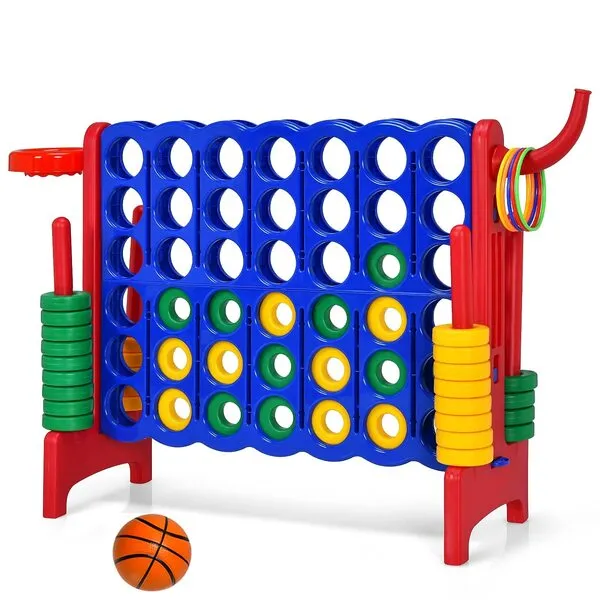 Costzon Giant 4-in-A-Row, Jumbo 4-to-Score Giant Game w/Basketball Hoop, Ring Toss, 42 Jumbo Rings, Indoor Outdoor Family Connect Game for Kids & Adults