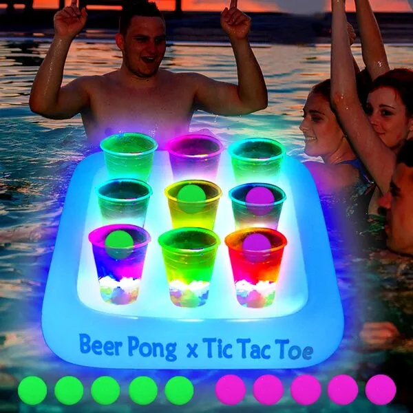 23*23 Inch Glowing Beer Pong Pool Party Rack Tic Tac Toe Floating Rafts, Swimming Pool Pong Party Game Drinking Game and Drink Holder, Includes 1 Rafts 9 Cups and 10 Pong Balls, Flashing Color 1