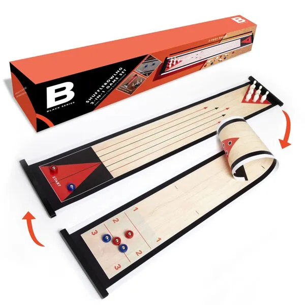 The BLACK SERIES Tabletop Shuffleboard and Bowling 2 in 1 Set with Roll-Up Game Board
