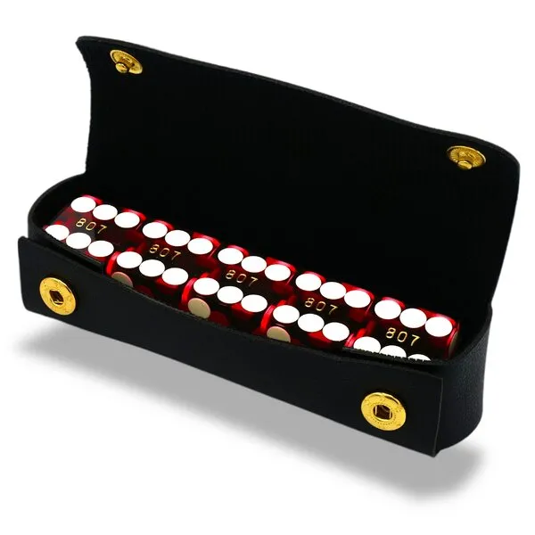 Luck Lab Grade AAA 19mm Casino Dice with Razor Edges and Matching Serial Numbers Set of 5 and Leather Dice Case (Red)