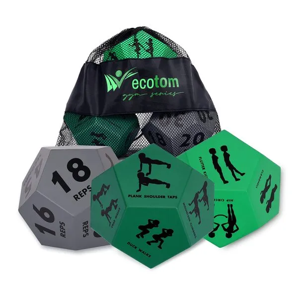 ecotom Exercise Dice for Home Workouts - Fitness Dice with Unique Exercises and Instructions - 3 Pack Workout Dice for Gym, Crossfit WOD, Bodyweight HIIT, Cardio and Sports Training