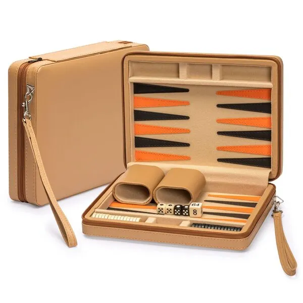 Yellow Mountain Imports Travel Magnetic Leatherette Backgammon Mini Game Set, Bozcaada - with Magnetic Checkers, 9-inch Board