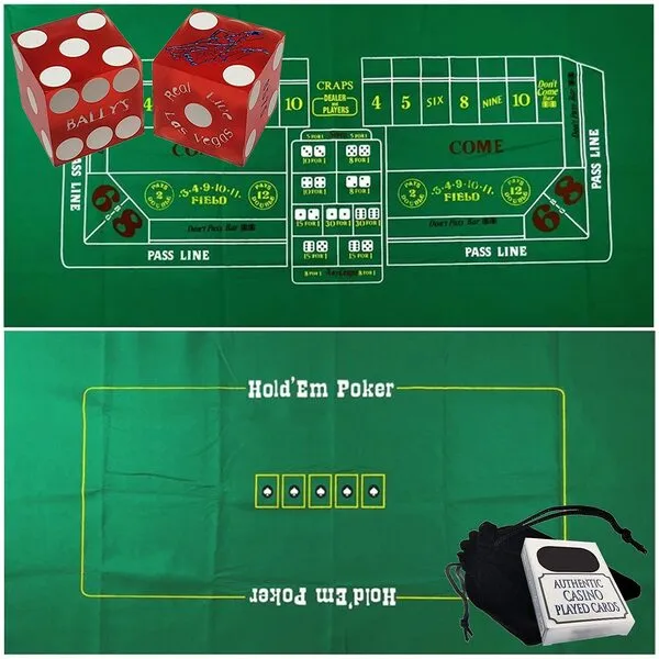 Cyber-Deals Craps & Texas Hold'em Poker Essentials Set: 2-Sided 6ft x 3ft Felt Layout, Las Vegas Casino Table-Played Dice & Cards, Plus Storage Pouch (Bally's (Red Frosted))