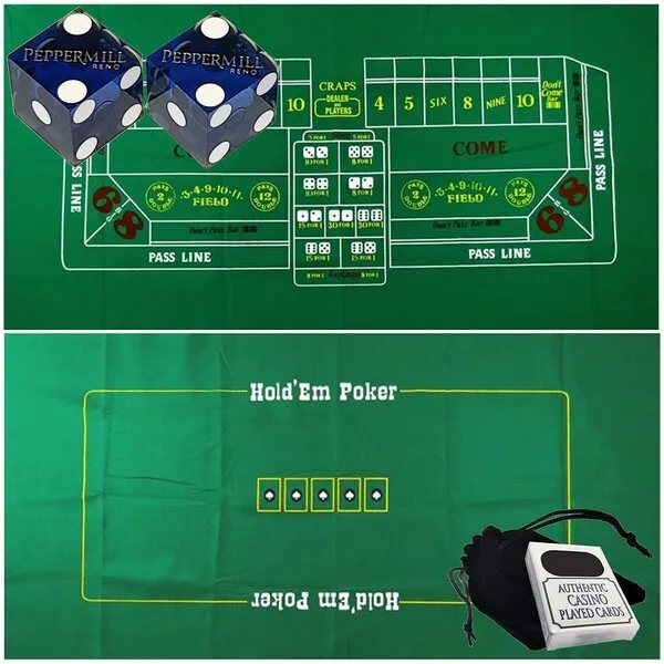 Cyber-Deals Craps & Texas Hold'em Poker Essentials Set: 2-Sided 6ft x 3ft Felt Layout, Nevada Casino Table-Played Dice & Cards, Plus Storage Pouch (Reno Peppermill (Blue Polished))