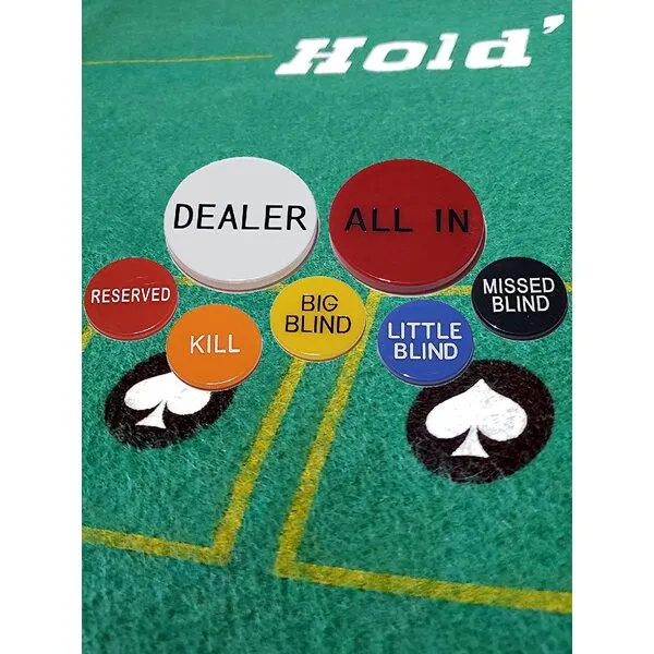 Cyber-Deals Texas Hold\'em Poker 7pc Button Set (Dealer, All in, Small Blind, Big Blind, Missed Blind, Reserved, Kill) with Black Velvet Pouch