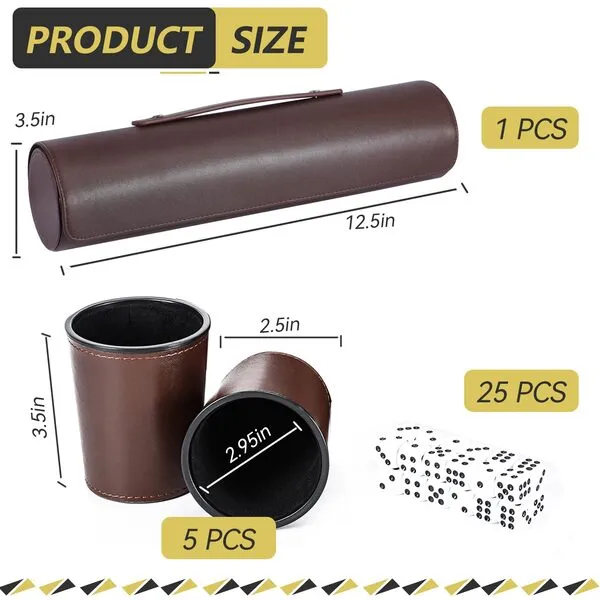 Party Games Leather Dice Cup Set, 5 Black Leather Dice Cups + 25 Dice + Exclusive Storage and Transport Case Made of Faux Leather with Magnetic Closure