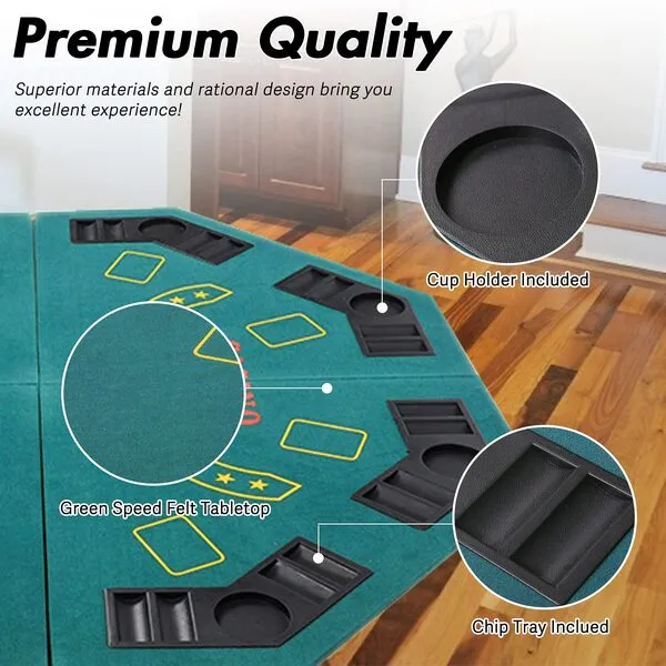 48 Inch Foldable Poker Table Card Topper, Portable 8-Player Poker Tabletop Mat w/Cup Holder and Carrying Bag,Texas Hold 'Em Foam Poker Table Top Layout for Blackjack Board Game,Green Speed Felt