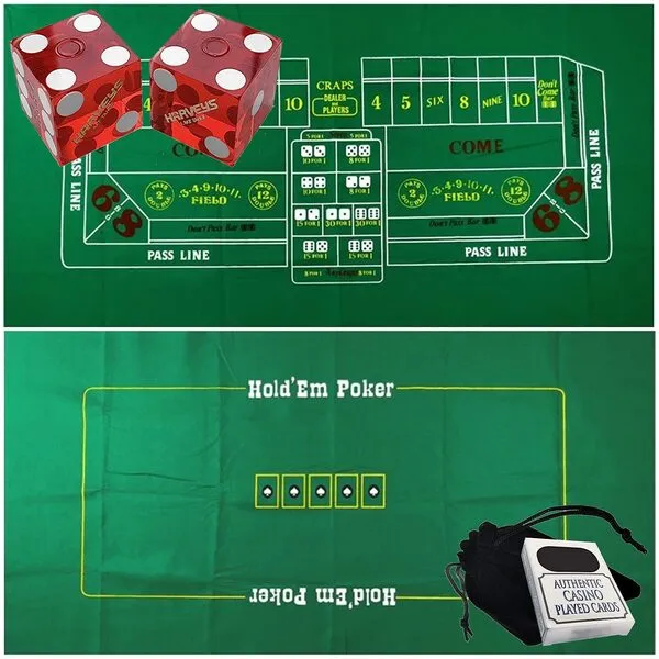 Craps & Texas Hold'em Poker Essentials Set: 2-Sided 6ft x 3ft Felt Layout, Nevada Casino Table-Played Dice & Cards, Plus Storage Pouch (Harvey's (Red Polished) - Lake Tahoe)