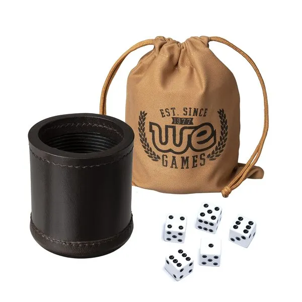 WE Games Professional, Handmade Dark Brown Leather Dice Cup Set - 5 Dice & Cloth Carry Bag