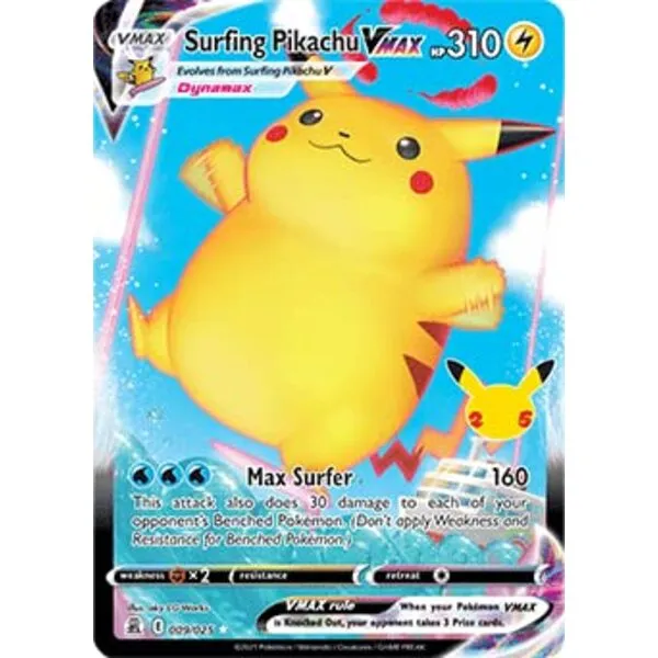 Pokemon Celebrations Surfing Pikachu VMAX, 25th Anniversary,Full Art Rare Holo VMAX + Surprise Card!