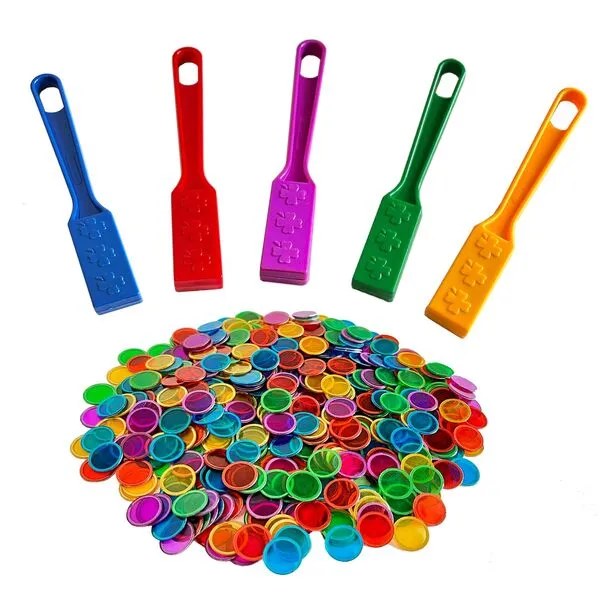 SEETOOOGAMES Magnetic Wand Bingo Chip Set - 500 Metal Chips with 5 Pack Magnet Wands for Kids, Classroom, Science Learning, Counting, Family Game Night Activities