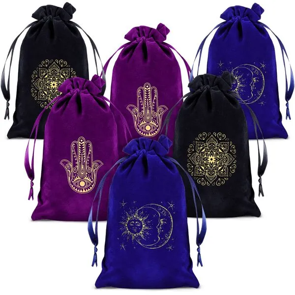 Wesnoy 6 Pcs Tarot Cards Fabric Bag 6 x 9 Inch Jewelry Pouch Tarot Card Bag Dice Bag Tarot Card Holder Jewelry Bags Drawstring Hamsa Hand Gift Bags for Tarot Cards (Mixed Colors,Classic Style)
